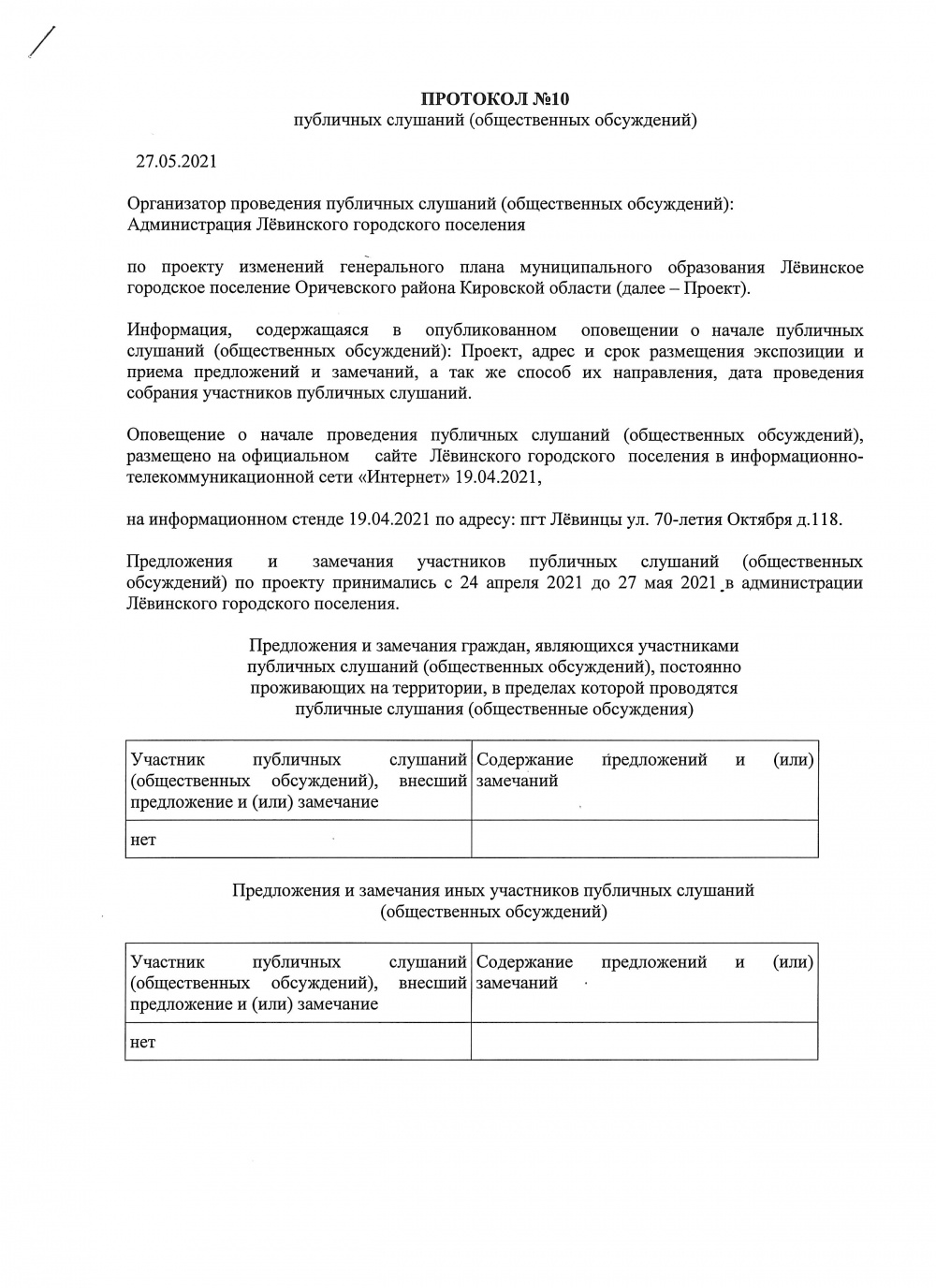 Протокол итогов публичных слушаний по проекту внесения изменений в Генеральный план Лёвинского городского поселения