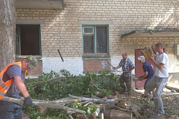 Дворники группы хозяйственного обслуживания и благоустройства собирают ветки около заброшенной квартиры на 1мкр.