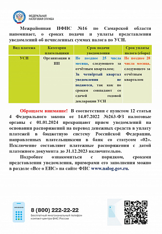 Межрайонная ИФНС №16 по Самарской области напоминает, о сроках подачи и уплаты представления уведомлений об исчисленных суммах налога по УСН.
